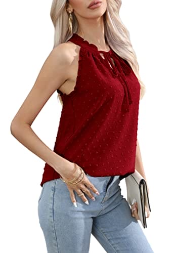 Sampeel Sale Vest Tops for Women Summer Halter Neck Sleeveless Ladies Swiss Dot Chiffon Tank Red Size 22-24