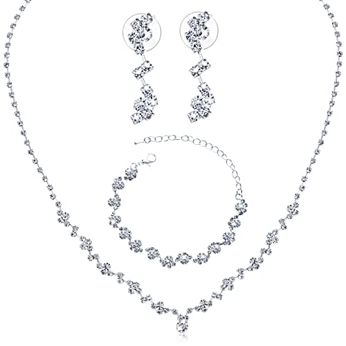 Yolev Bridal Jewelry Set Rhinestone for Wedding Jewelry Set Include Necklace Bracelet Earrings Brides Bridesmaid Prom Costume Jewelry Set for Women and Girls