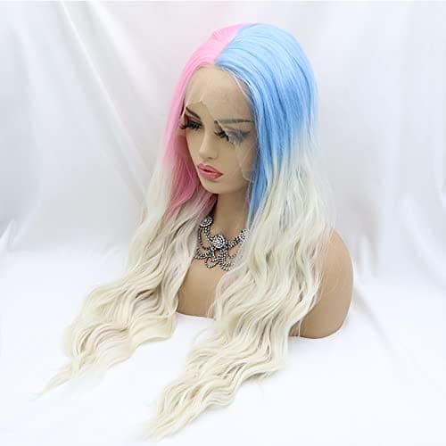 Xiweiya Blue Pink White Lace Front Wig Loose Wavy Half Blue Half Pink Synthetic Lace Wig with Blonde Tips Loose Curly Heat Resistant Fiber Wig 180% Density Hair for Women 24inch…