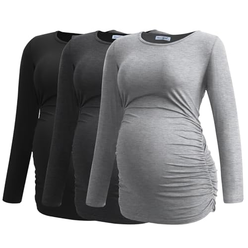 Smallshow Women's Maternity Tops Long Sleeve Pregnancy Clothes T Shirts 3-Packs,Black-Deep Grey-Light Grey,S