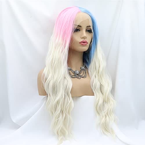 Xiweiya Blue Pink White Lace Front Wig Loose Wavy Half Blue Half Pink Synthetic Lace Wig with Blonde Tips Loose Curly Heat Resistant Fiber Wig 180% Density Hair for Women 24inch…