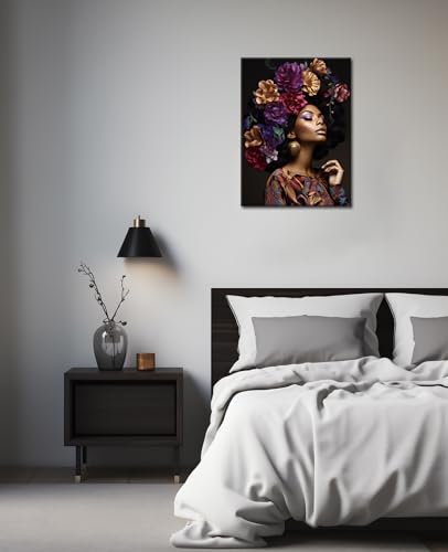 GLOKAKA African American Women Canvas Wall Art Black Woman with Flower Head Modern Portrait Artwork Beauty Abstract Girl Painting for Bedroom Living Room Wall Decor