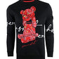 SCREENSHOT-F1122 Mens Urban Hip Hop Premium Fleece - Head Lifting Paisley Cartoon Teddy Bear Crew Neck Streetwear Sweatshirt-Black/Red-3XLarge