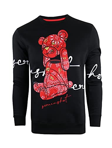 SCREENSHOT-F1122 Mens Urban Hip Hop Premium Fleece - Head Lifting Paisley Cartoon Teddy Bear Crew Neck Streetwear Sweatshirt-Black/Red-3XLarge