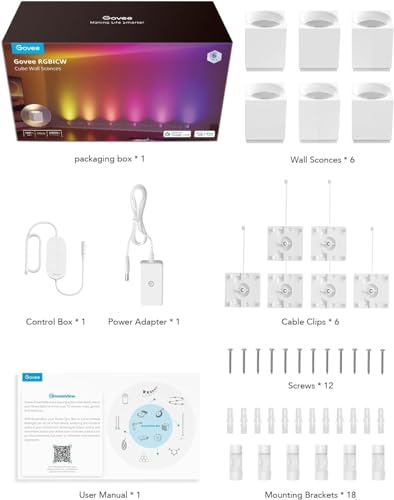 Govee Cube Wall Sconces, RGBIC LED Wall Light Works with Alexa, WiFi Smart Lights for Room Decor, Colour Changing Indoor Light Fixture for Bedroom Dining Room, Music Sync, Adjustable Cables