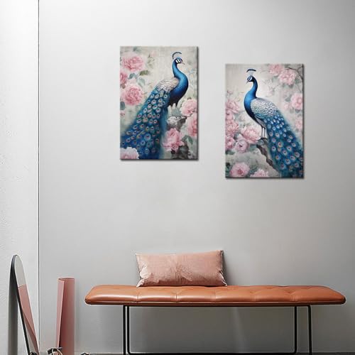 GLOKAKA Blue Peacock Wall Art Beautiful Animal Peacock Canvas Art Poster Elegant Peacock on a Branch with Pink Flowers Picture Painting for Living Room Bedroom Office Decor