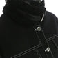 Women Denim Jacket Turtleneck PU Belt Single Breasted Black Plush Long Sleeve Short Coat