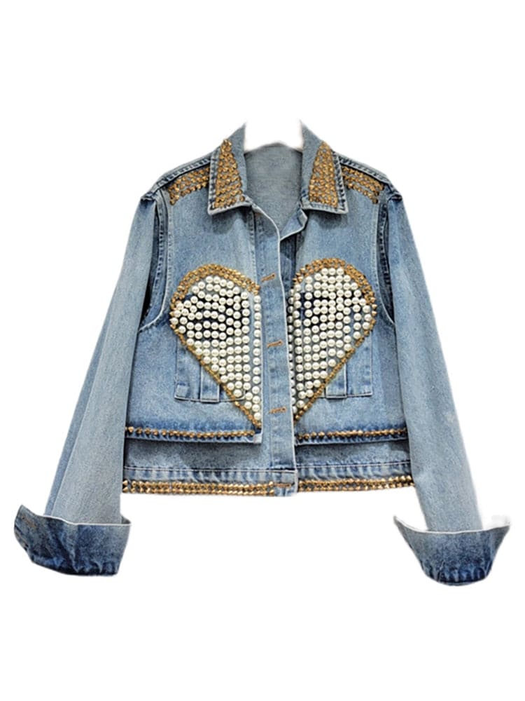 Women's Denim Coat Heart Beading Pearls Gold Rivets Loose Light Blue Long Sleeve Jackets