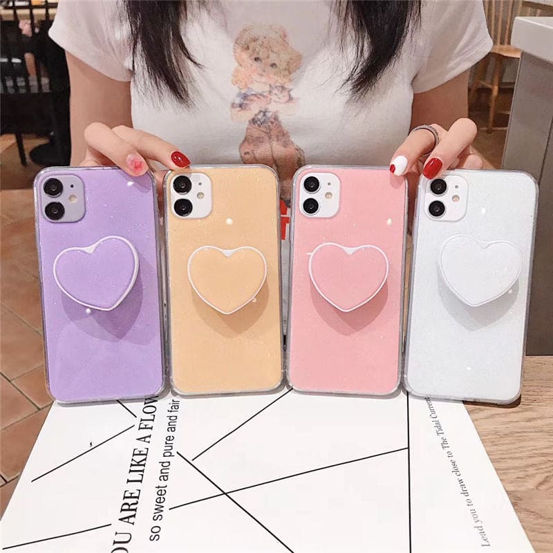 Candy Color Stand Holder Phone Case For iPhone 12 11 13 Pro Max XR XS Max X 6S 7 8 Plus 12 13 Pro Glitter Love Heart Back Cover