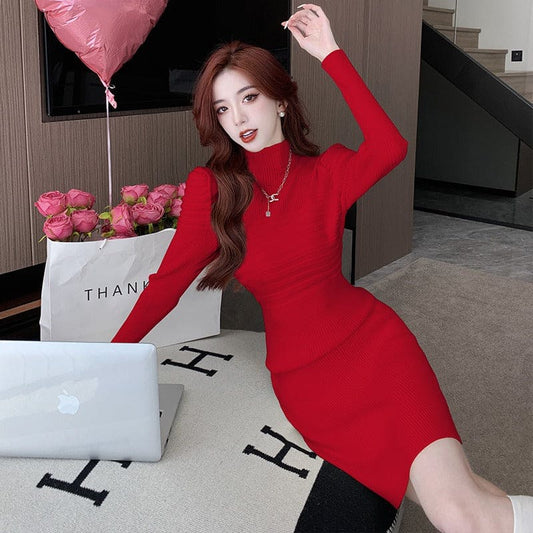 Elegant Knitting Slim Dresses For Women Solid Turtleneck Long Sleeve High Waist Bottoming Hip Wrap Dress