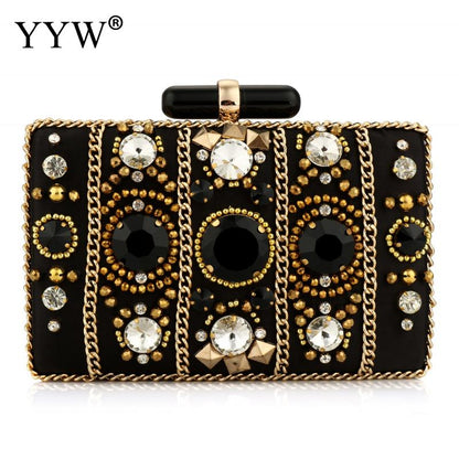 Black Satin Clutch Bag Bohemia Style Rhinestone Cocktail Party Prom Female Clutch Chic Chain Classic Boxy Shape Designer Clutch