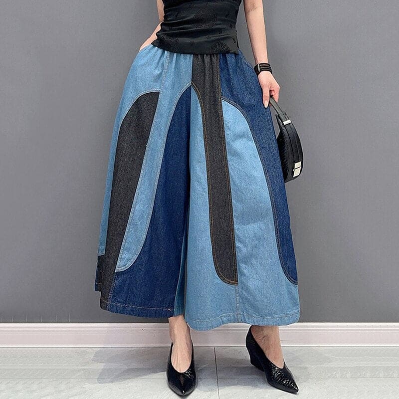 Fashion Casual Patchwork Elastic Waist Wide Leg Pants Ankle Length Pants Trendy Women Pants