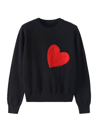 Wholesale Women Knit Sweater Embroidery Red Heart O-Neck Simple Style Fall Spring Autumn Slim Pullover Harajuku