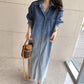 Turn-turn Collar Button Denim Dress Shirt Maxi Long Sleeve Vestido De Mujer Vintage Casual  Fall Spring Korean Femme Robe Chic