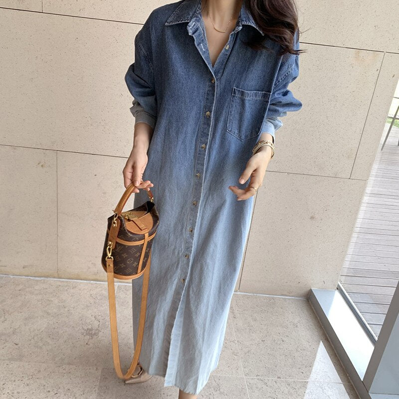 Turn-turn Collar Button Denim Dress Shirt Maxi Long Sleeve Vestido De Mujer Vintage Casual  Fall Spring Korean Femme Robe Chic