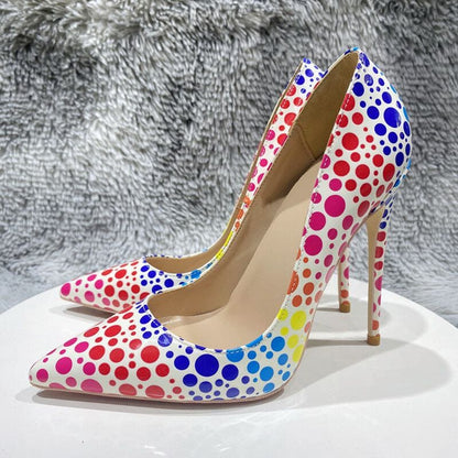 Tikicup Colorful Spotted Print Women Glossy Pointy Toe High Heel Shoes Comfortable Slip On Stiletto Pumps for Floral Dress、