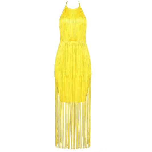 Halter fringe dress Bandage dress Sexy multi-tiered fringe halter slim-fit bandage dress