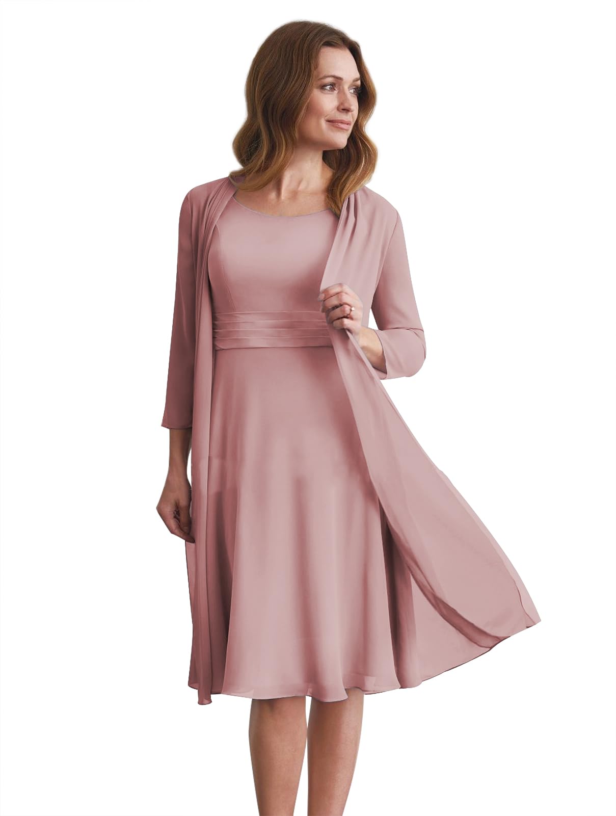 PAVERJER Chiffon Mother of The Bride Dresses for Wedding with Sleeves Dusty Rose 2 Pieces Evening Gowns for Women Formal Size 2