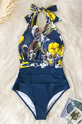 CUPSHE Women's One Piece Swimsuit Halter Tummy Control Beach Swimwear Bathing Suit Swimming Costume Yellow Floral L