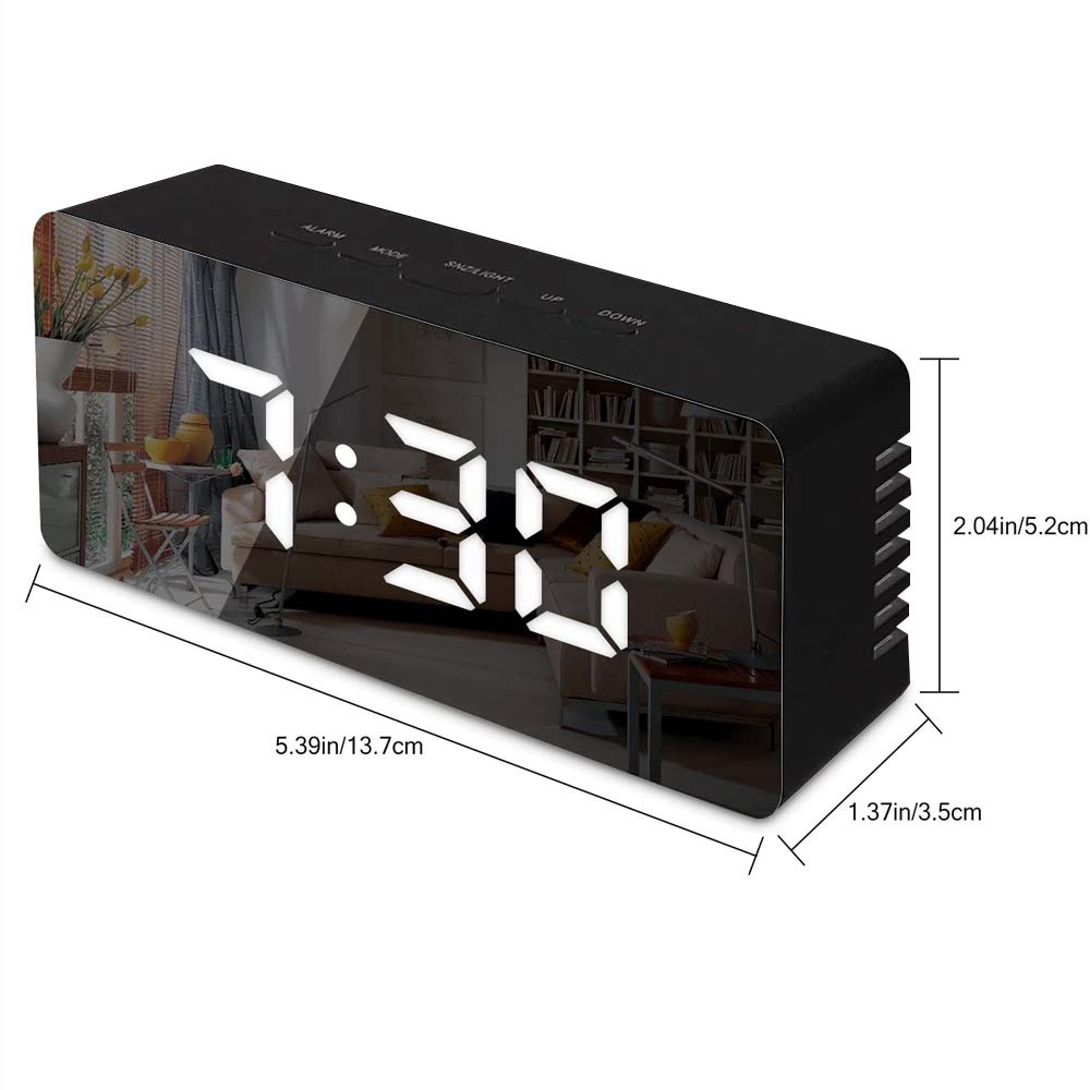 JJN Digital Clock Large Display, LED Electric Alarm Clock Mirror Surface for Makeup with Diming Mode, 3 Levels Brightness,USB Ports Modern Decoration for Home Bedroom Decor (Black)