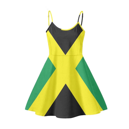 Coloranimal Women's Basic Jamaican Flag Print Stretch Flared Casual Mini Skater Dresses Spaghetti Straps A-line Boho Beach Sundress Flowy Suspender Skirt,Yellow Black Green