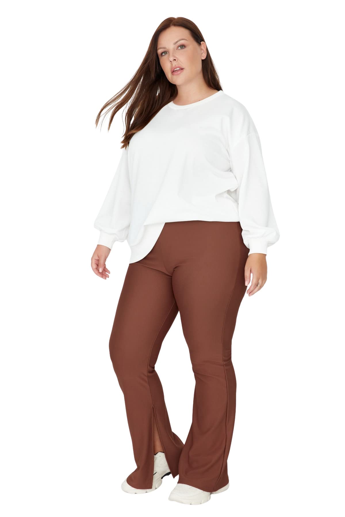 Trendyol Women Plus Size High Waist Wide Leg Regular fit Plus Size Trousers Brown