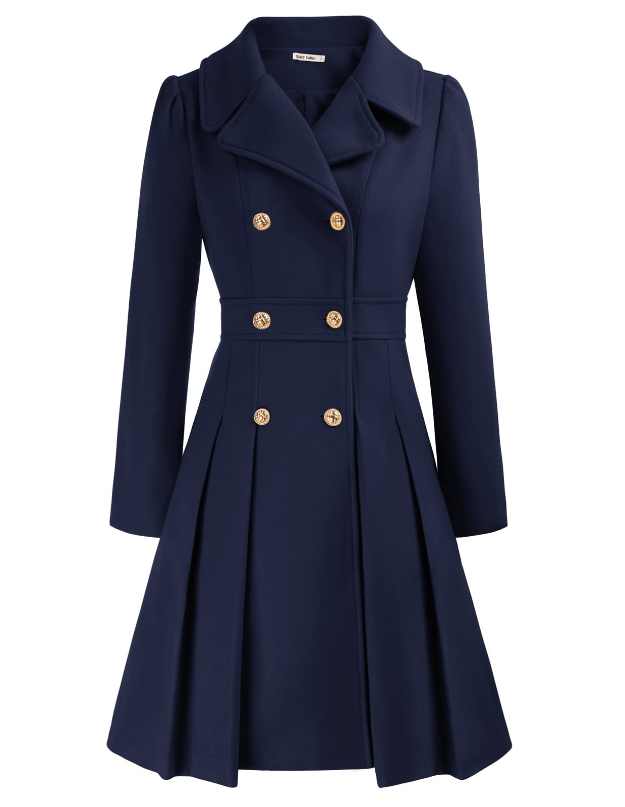 GRACE KARIN Women's Double-Breasted A Line Coat Puffed Sleeve Long Trench Coat Outwear for Winter Navy Blue A-Line Peacoat L