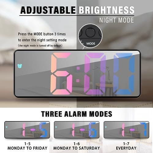 JQGO Alarm Clock Digital Battery Powered, LED Travel Alarm Clocks Beside Mains Powered Non Ticking with Snooze Temperature Date Time Brightness Adjustable for Kids Adults (Colorful)