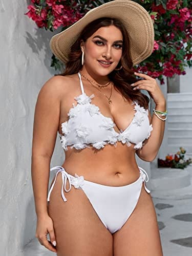 OYOANGLE Women's Plus Size 2 Piece Bikini Set Appliques Triangle Halter Swimsuit Tie Side Bathing Suit White 4XL