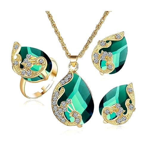 TOEECY Jewellery Set for Women Girls Crystal Pendant Necklace Stud Earrings and Ring Set Peacock Cubic Zirconia Golden Jewellery Set Gift for Wedding Bridal Bridesmaid (Green)