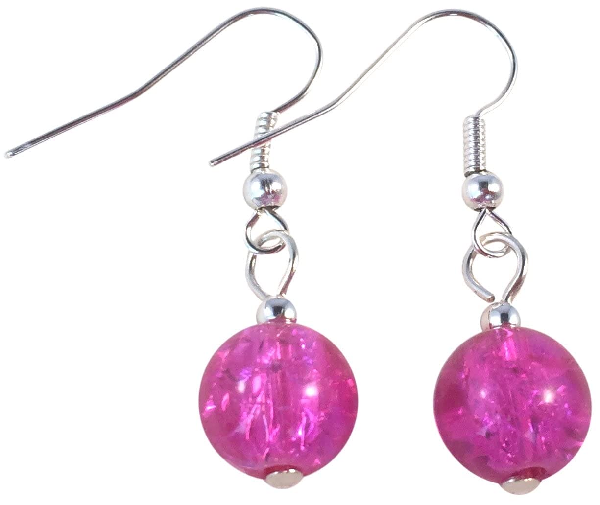 Hot Pink Crackle Glass Bead Earrings - 10mm Round Beads on Nickelfree Hooks