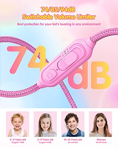 DOQAUS Headphones for Kids, Children Headphones for Boys Girls with 74/85/94dB Volume Limited, Stereo Sound, Share Function, Wired Kids Headphones with Microphone for School/Travel/Phone/PC/MP3, Pink