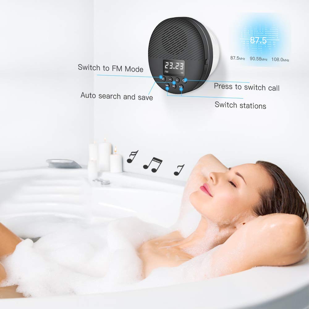 Shower Radio Speaker with Bluetooth 5.0, AGPTEK Waterproof Wireless Bathroom FM with Suction Cup 12H Long Playback Time, Lanyard, LCD Screen Display, Handsfree Calling, Storage Card Playback Black