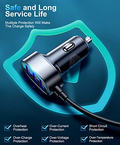 JOYROOM 5 Multi USB Car Charger Adapter, 6.2A Cigarette Lighter USB Charger, 12v Car Phone Charger with 5FT Cable for Front & Back Seat Charging, Compatible with Samsung, iPhone.