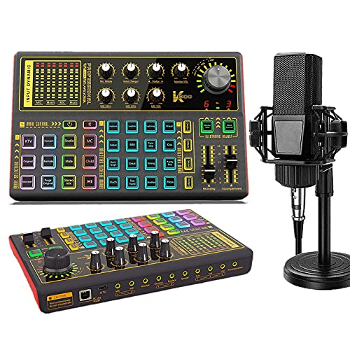 K300 Podcast Equipment Bundle, With Podcast Condenser Microphone, Voice Changer Sound Card with Multiple Sound Effects and LED Light, Prefect for Streaming/Podcasting/Gaming/Recording/YouTube/PC