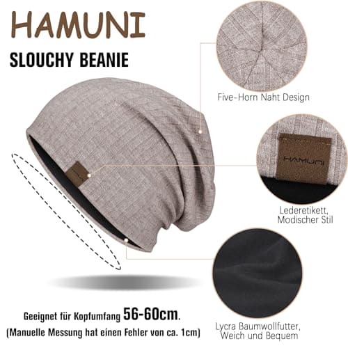 HAMUNI Slouchy Beanie Hip-Hop Soft Lightweight Running Beanie Hat Breathability & Elasticity Adult Dwarf Hats Chemo Cap Skull Cap for Men Women (Khaki)