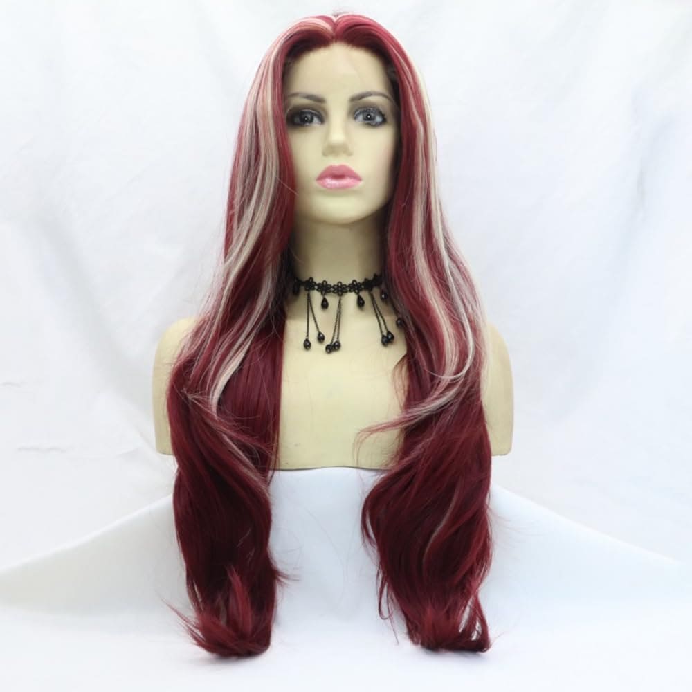 xiweiya Highlight White Pink Wig Long Body Wave Mixed Blonde/Brown Lace Front Wigs 150-180% Density Hair Heat Resistant Fiber Natural Looking Hairfor Women 24 inch