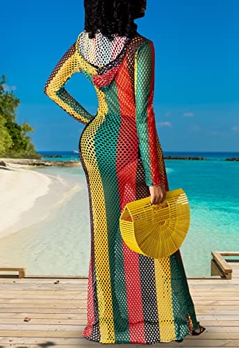 YouSexy Women's Sexy Swimsuit Maxi Dress Cover Up Long Sleeve Hollow Out Fishnet See Through Summer Beach Swimwear