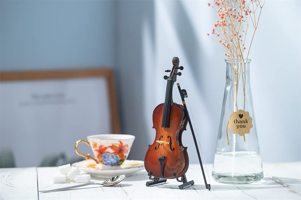 ALANO Mini Violin Model Decorative Ornament Mini Musical Instrument with bow & stand (10cm)