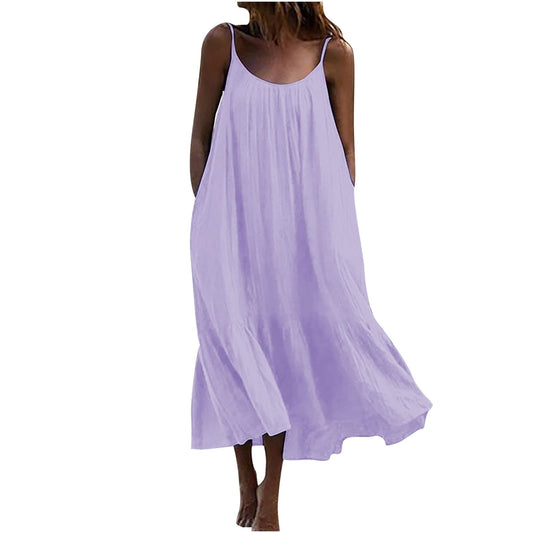 Beach Dresses for Women - Women's Summer Maxi Dress Casual Boho Sleeveless Spaghetti Strap Smocked Tiered Long Beach Sun Dresses Loose Ruched Flowy Beach Sundress Vacation Maxi Dresses Purple