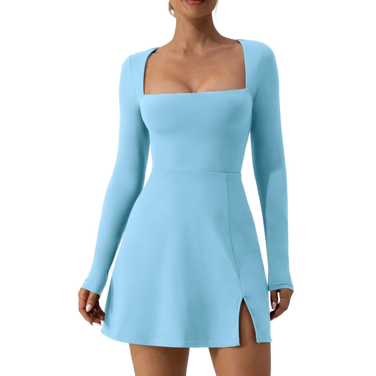 Qianderer Womens Square Neck Bodice Dress Long Sleeve Side Slit A-Line Flare Mini Dresses Cocktail Party Club Dress (Blue, XL)