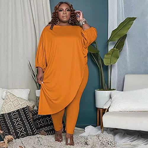 Huasemy Plus Size Outfits for Women,Plus Size Outfits 2 Piece,Tracksuits Long Sleeve Slant Shoulder Asymmetrica Tops Bodycon Pants Sweatsuit Sets,X-Large Orange