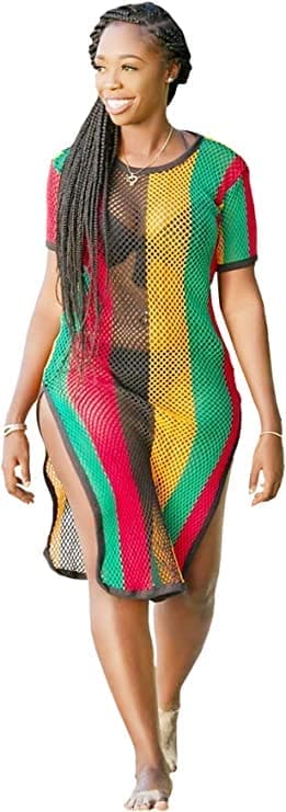 Rasta Cotton Crochet midi Dress Multicolor Side Slit Women Ladies String mesh Fishnet Sheer Beach Cover up Work String Mesh Fishnet Dress Slit (as8, Alpha, s, m, Regular, Regular, Woman, Rasta, SM)