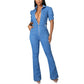 GHAKKE Women's Sexy V-Neck Denim Jumpsuits Casual Short Sleeve Jean Long Wide Leg Pants Party Rompers With Belt Streetwear (Color : Light blue, Size : L)