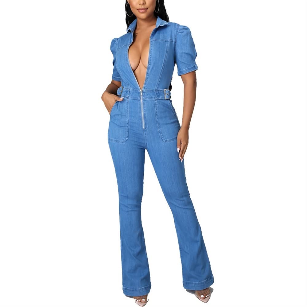 GHAKKE Women's Sexy V-Neck Denim Jumpsuits Casual Short Sleeve Jean Long Wide Leg Pants Party Rompers With Belt Streetwear (Color : Light blue, Size : L)