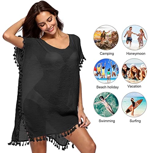 Women Beach Dress Bikini Cover Ups Beachwear Swimsuit Cover Up Beach Summer Casual Swimwear for Women Boho Beach Dress Bathing Suit Sarong (Black)