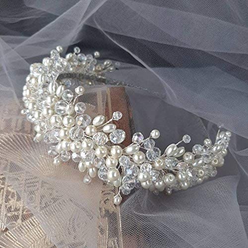 Chargances Pearl and Crystal Tiara for Brides Bridesmaid Wedding Women Hair Crown Handmade Headband Princess Hair Jewelry