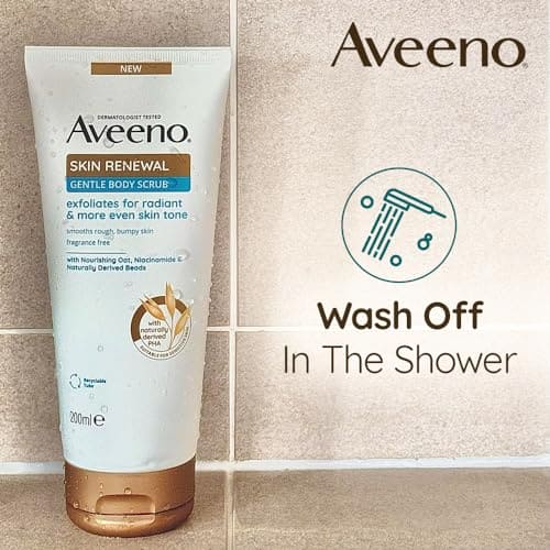 Aveeno Skin Renewal Gentle Body Scrub (1x 200ml), Gentle Exfoliator with Nourishing Prebiotic Oat, 2% Naturally-Derived PHA & Smoothing Niacinamide, Body Scrub for sensitive Skin