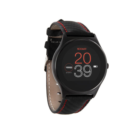 X-WATCH QIN XW PRO Carbon Red Smartwatch, Leather Strap, iOS & Android- Anti Glare Touch Screen, Step Counter, Calories Burnt, Heart Rate, Blood Pressure Monitor, Workout Tracker, Long Battery Life