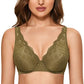 DOBREVA Women's Unlined Lace Bra Plus Size Underwire Bralette Sexy See Through Minimizer Yellow Olive 36B